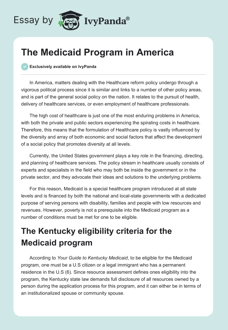 The Medicaid Program in America. Page 1