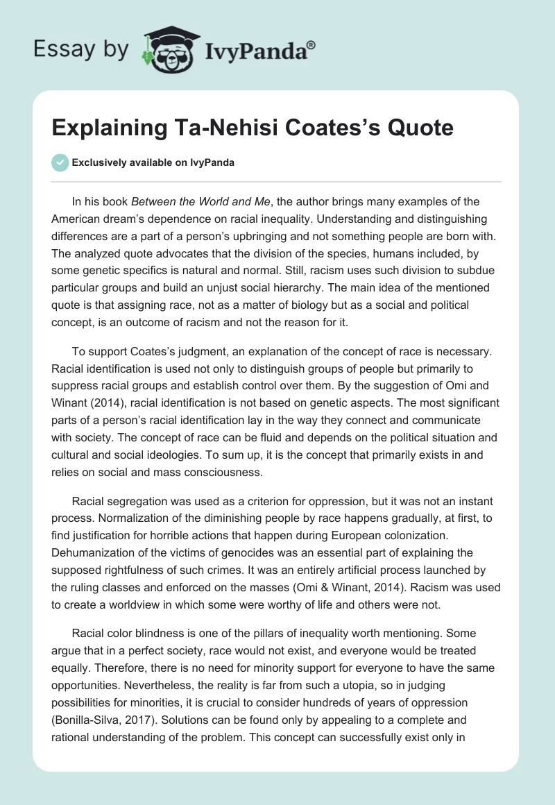 Explaining Ta-Nehisi Coates’s Quote. Page 1