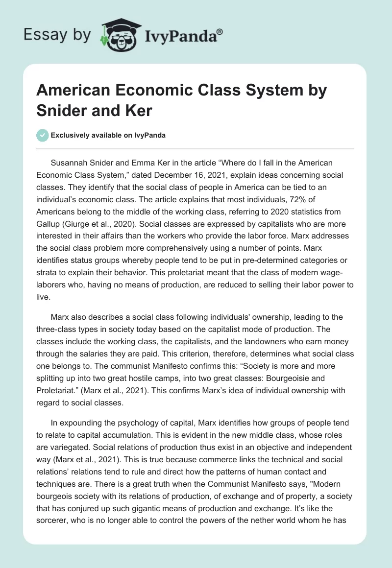 American Economic Class System by Snider and Ker. Page 1