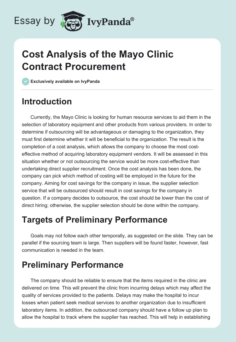 Cost Analysis of the Mayo Clinic Contract Procurement. Page 1