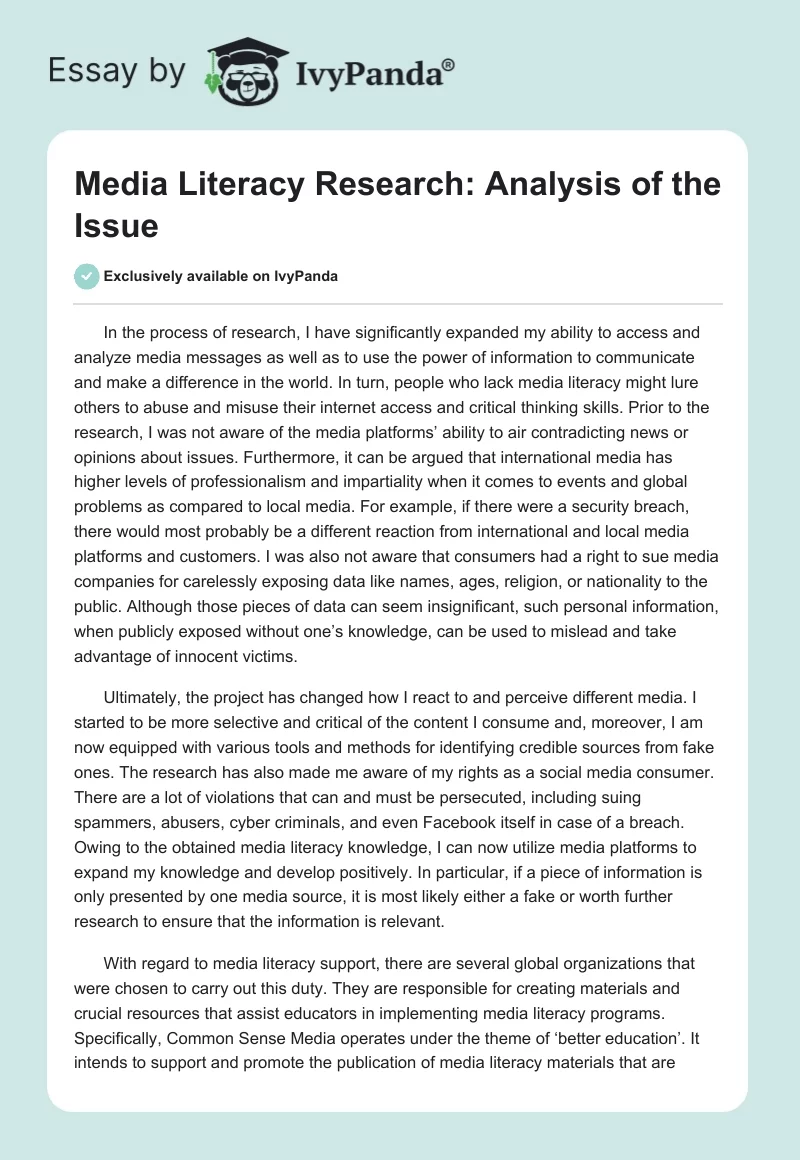Media Literacy Research: Analysis of the Issue. Page 1