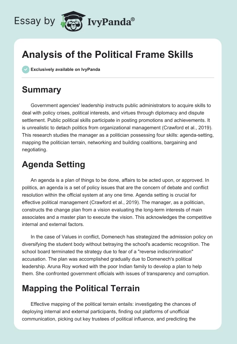 Analysis of the Political Frame Skills. Page 1