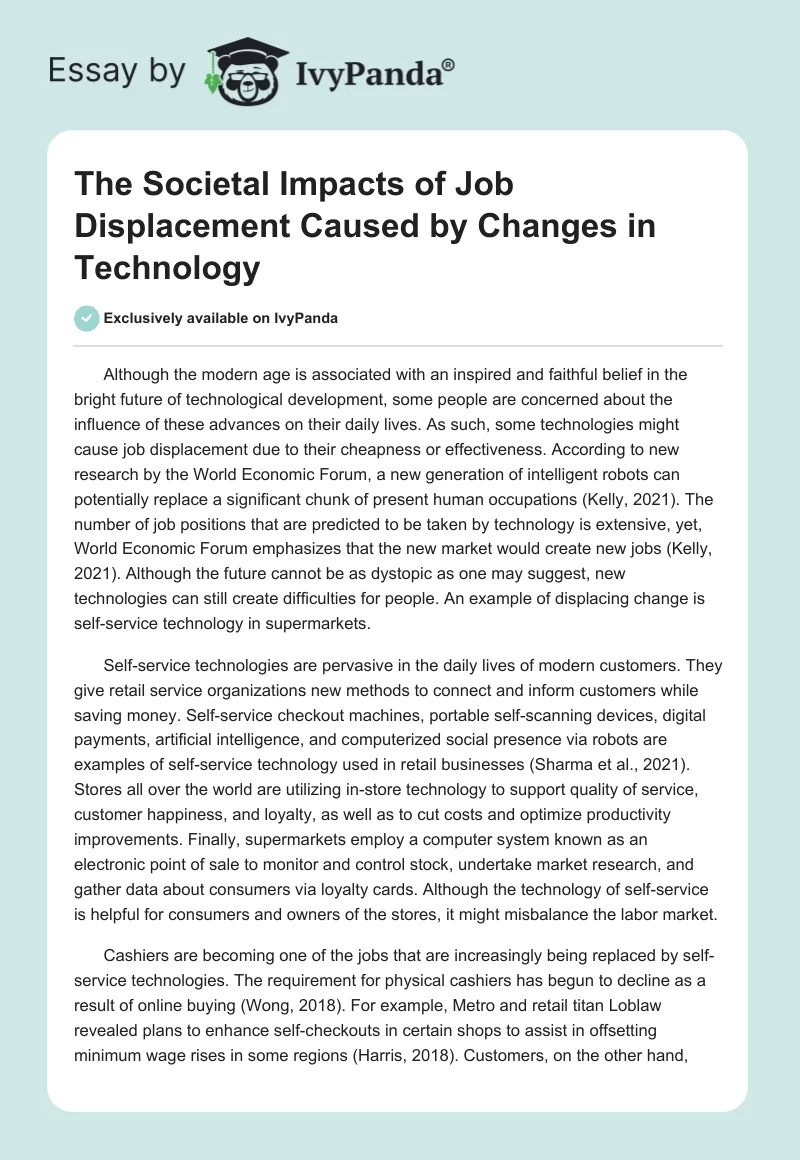 The Societal Impacts of Job Displacement Caused by Changes in Technology. Page 1