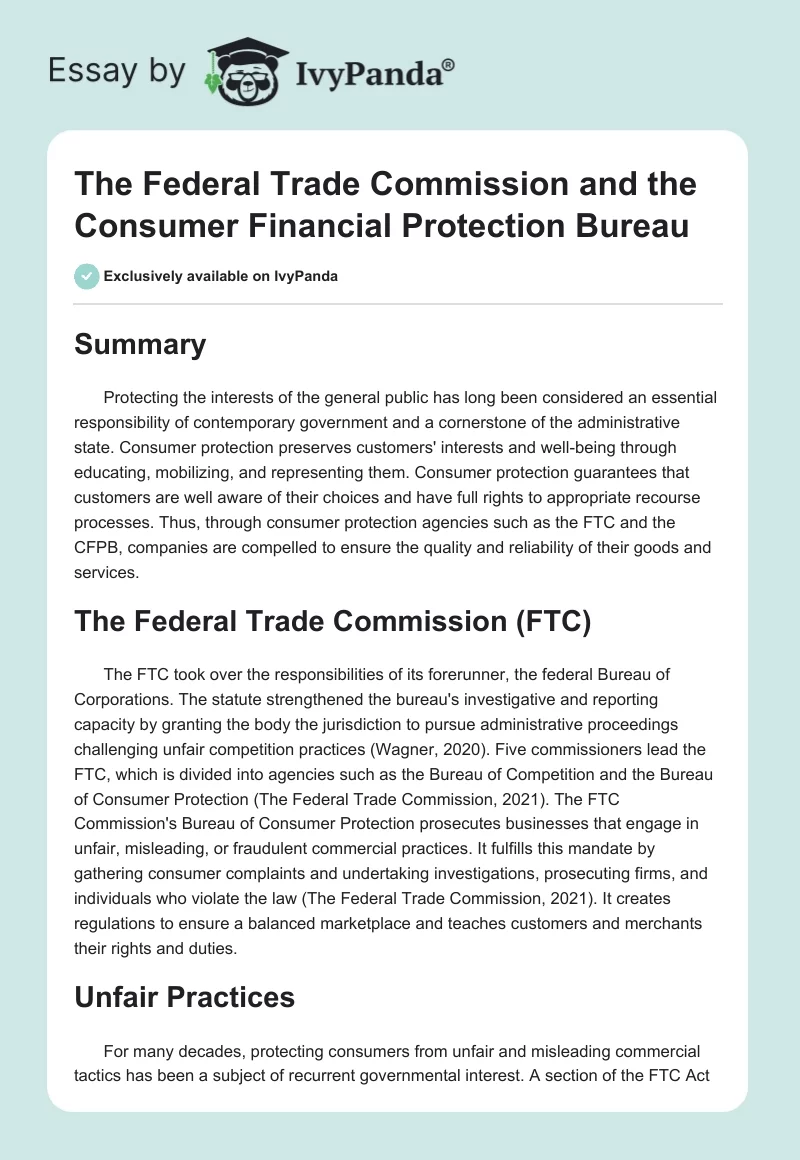 The Federal Trade Commission and the Consumer Financial Protection Bureau. Page 1