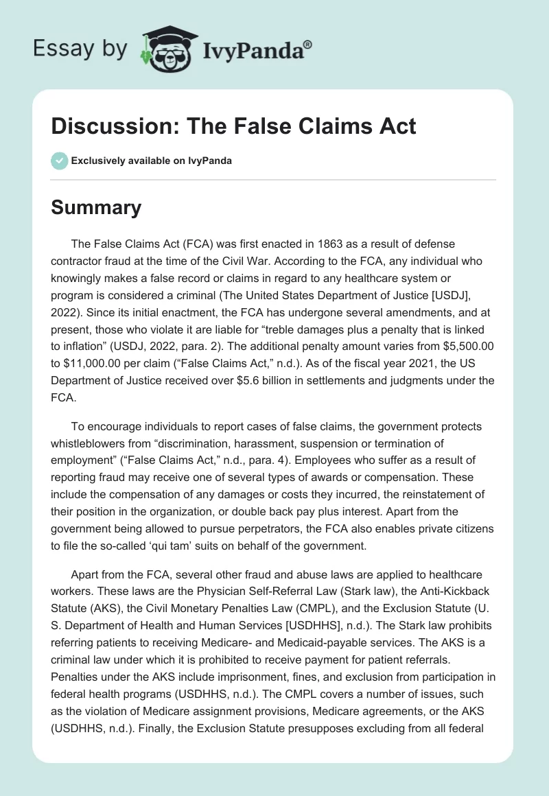 Discussion: The False Claims Act. Page 1