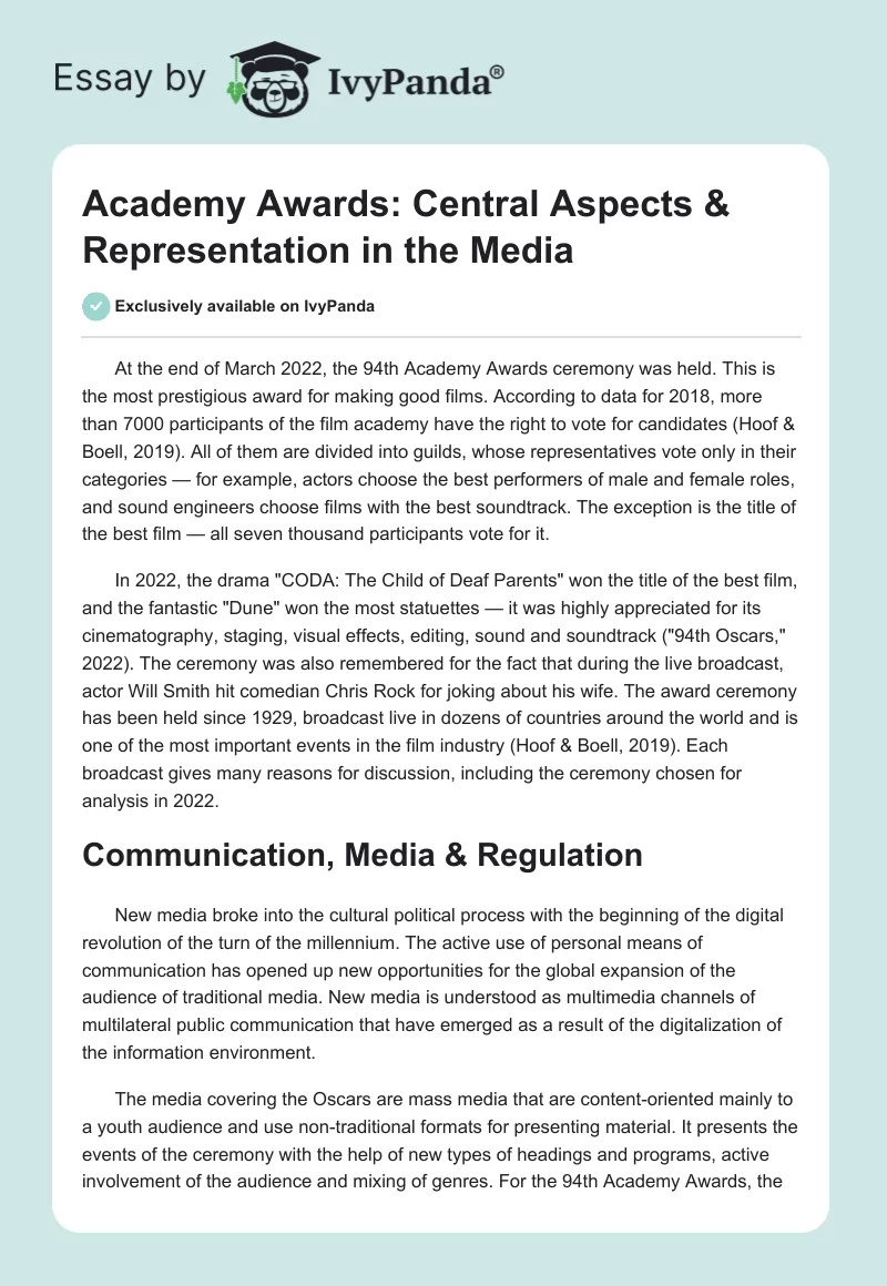 Academy Awards: Central Aspects & Representation in the Media. Page 1