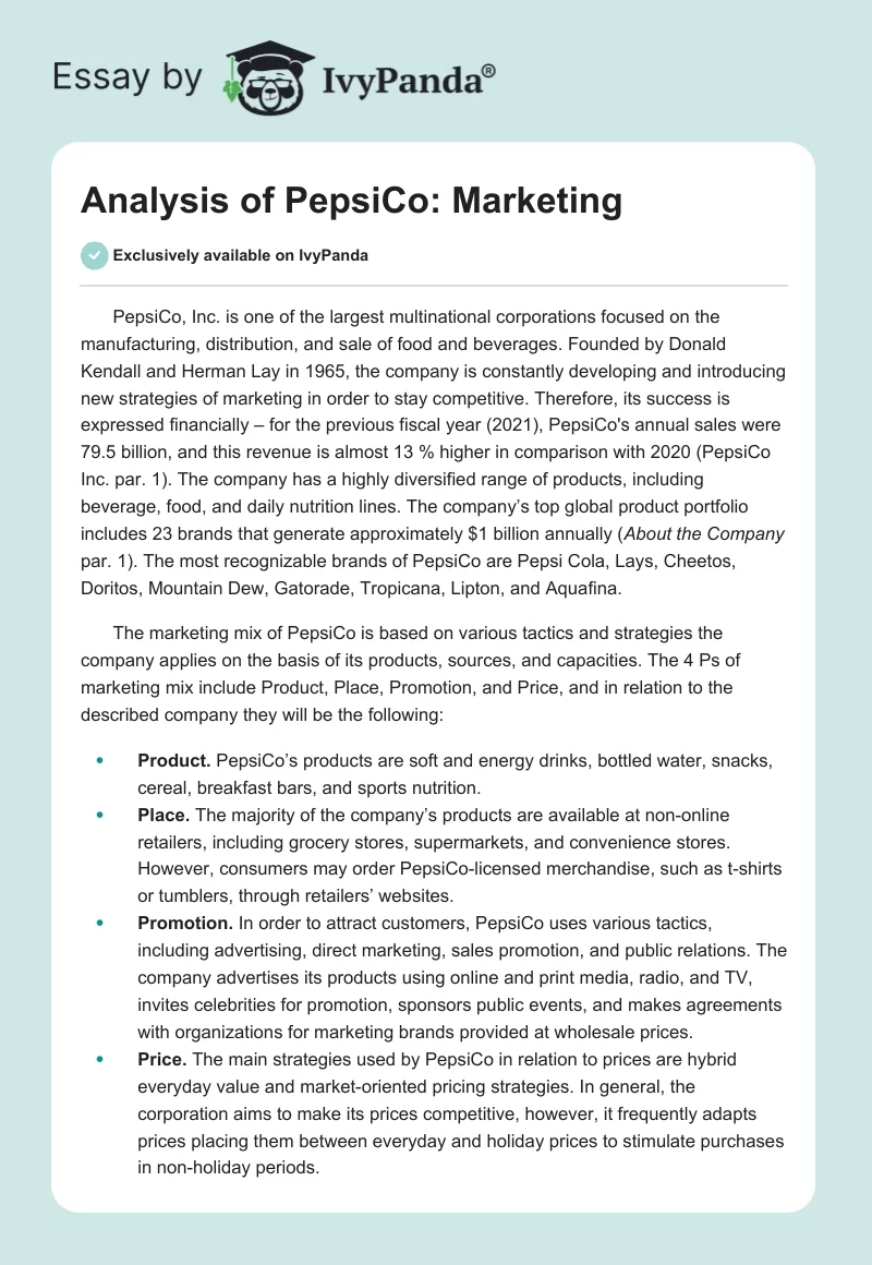 Analysis of PepsiCo: Marketing. Page 1