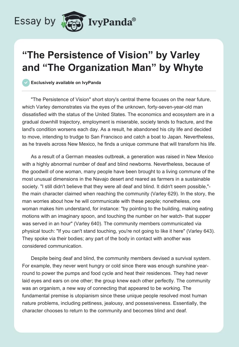 “The Persistence of Vision” by Varley and “The Organization Man” by Whyte. Page 1