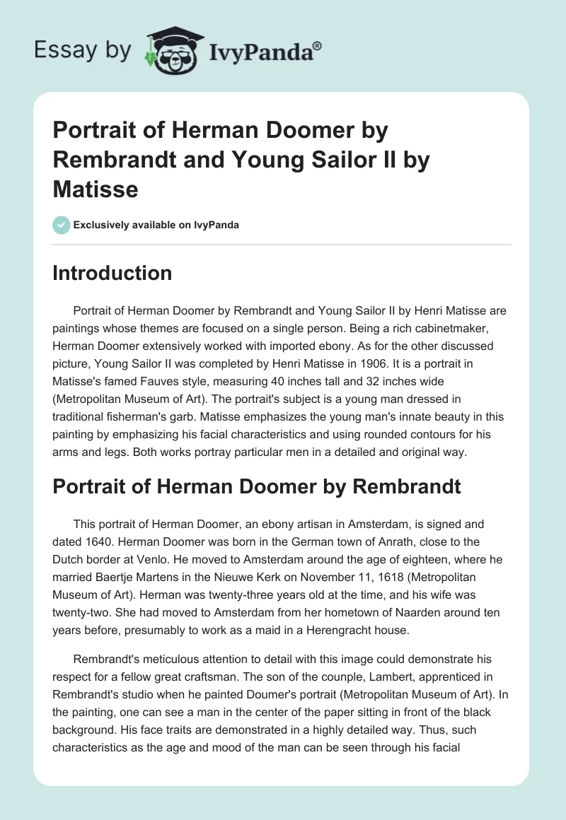 Portrait of "Herman Doomer" by Rembrandt and "Young Sailor II" by Matisse. Page 1