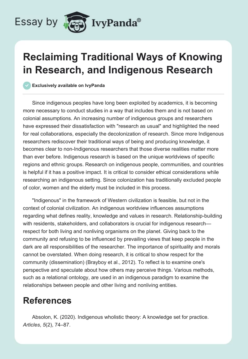 Reclaiming Traditional Ways of Knowing in Research, and Indigenous Research. Page 1