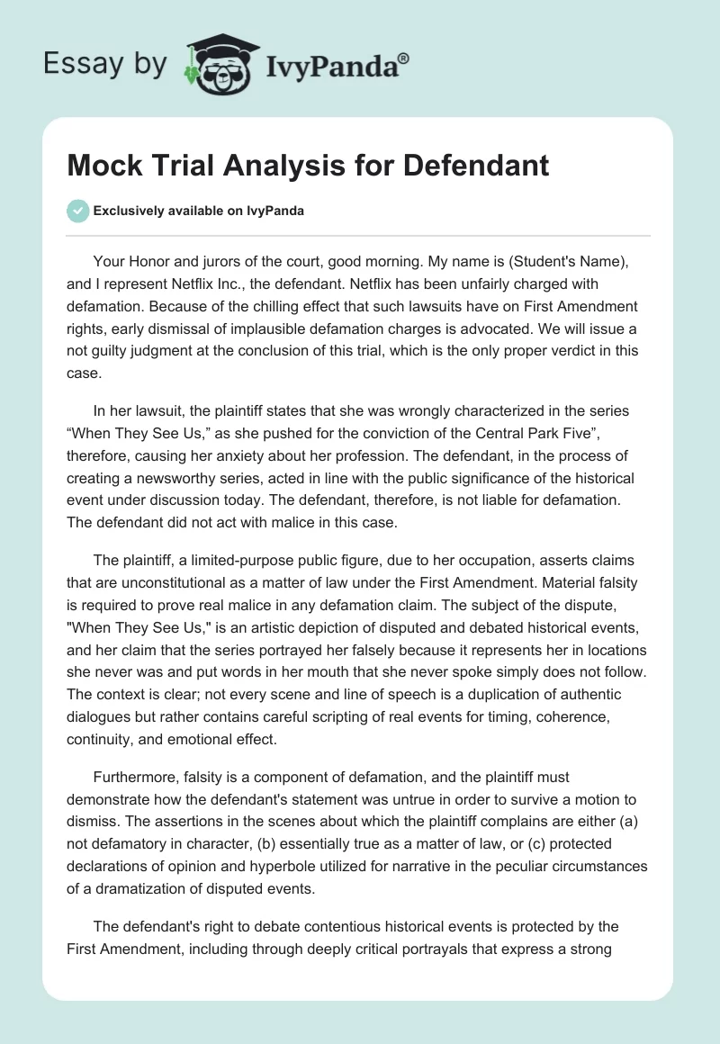 Mock Trial Analysis for Defendant. Page 1