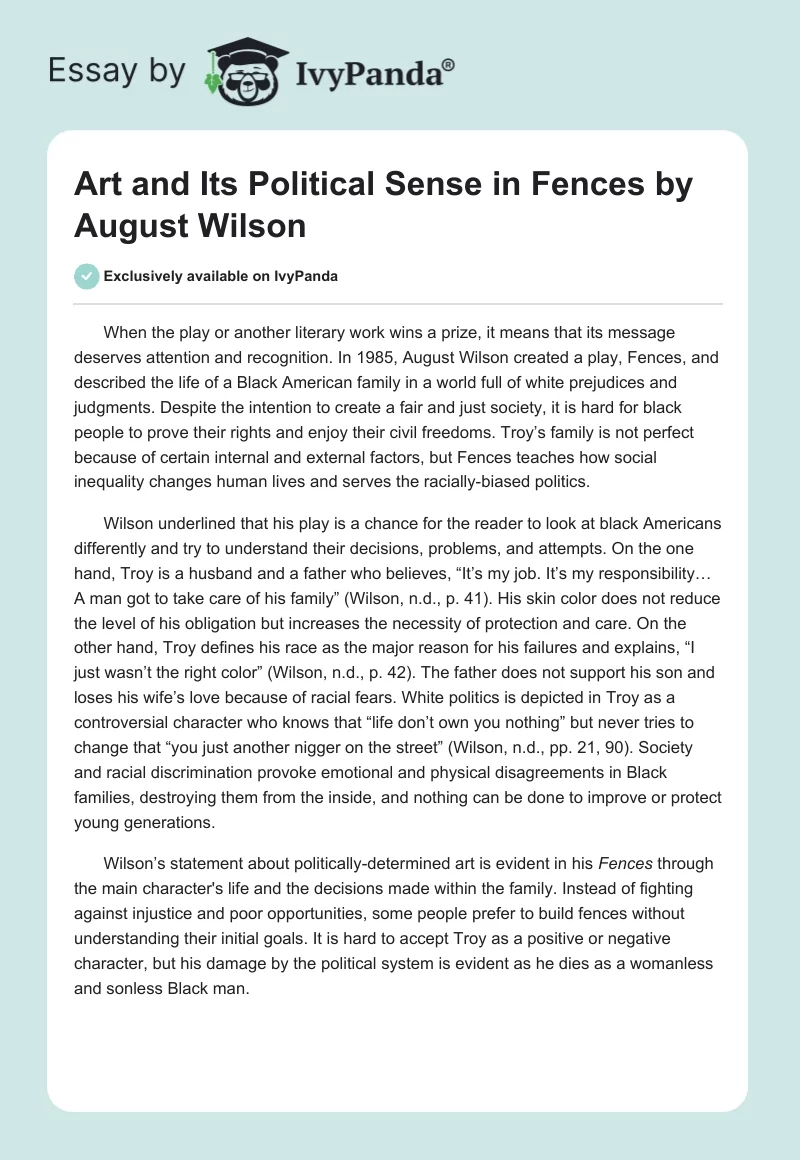 Art and Its Political Sense in "Fences" by August Wilson. Page 1