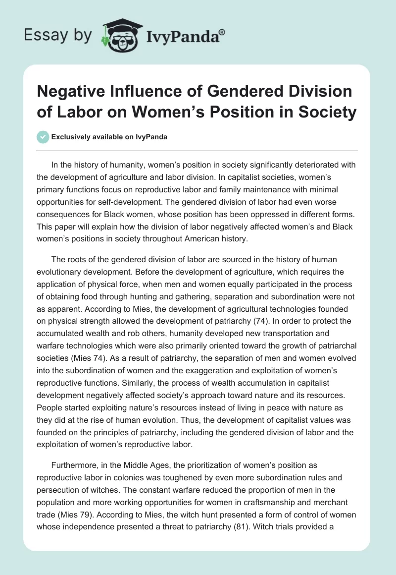 Negative Influence of Gendered Division of Labor on Women’s Position in Society. Page 1
