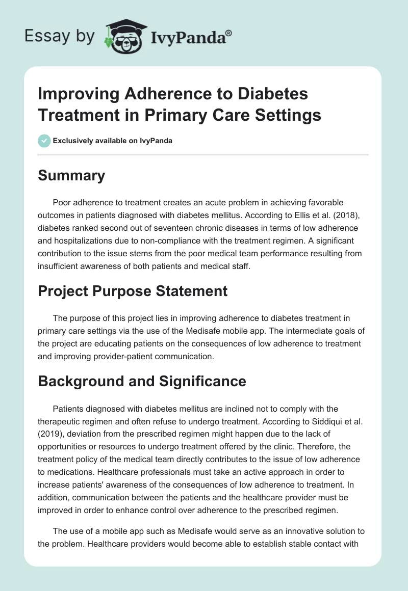 Improving Adherence to Diabetes Treatment in Primary Care Settings. Page 1
