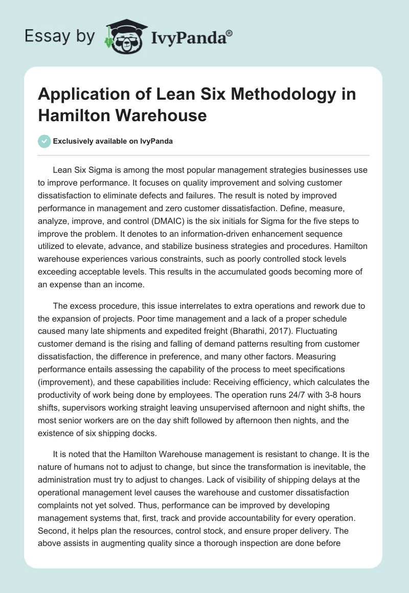 Application of Lean Six Methodology in Hamilton Warehouse. Page 1