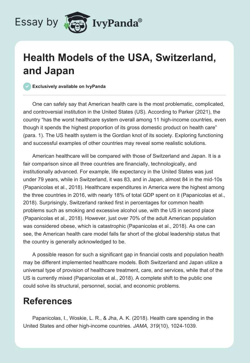 Health Models of the USA, Switzerland, and Japan. Page 1