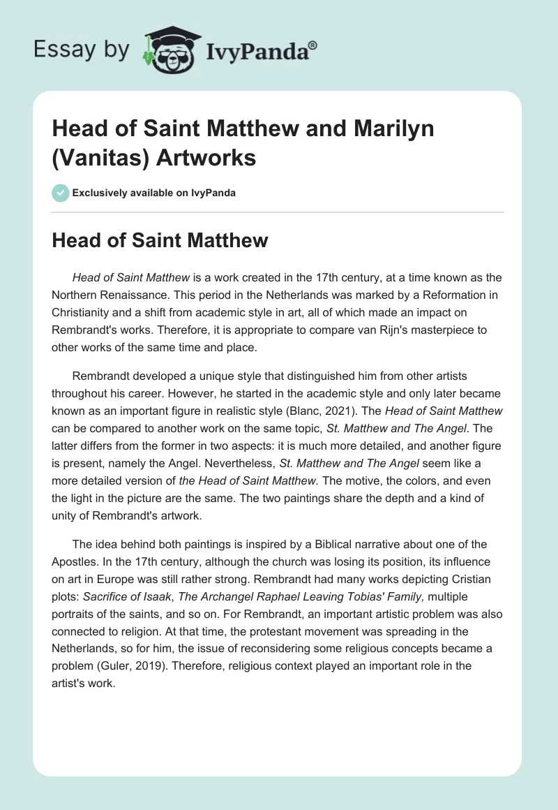 "Head of Saint Matthew" and "Marilyn (Vanitas)" Artworks. Page 1