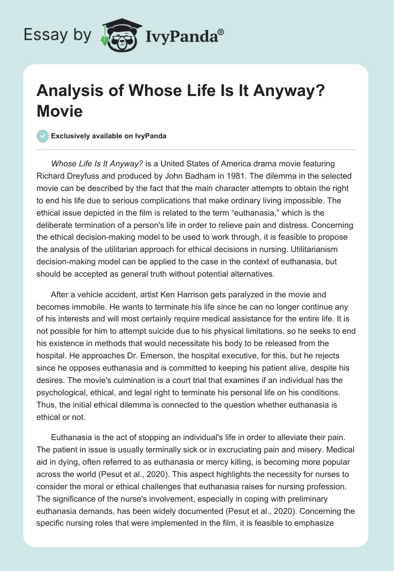 Analysis of "Whose Life Is It Anyway?" Movie. Page 1