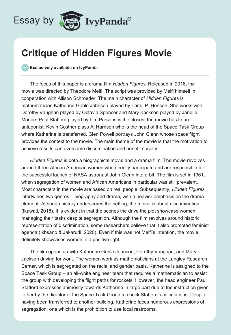 Critique of "Hidden Figures" Movie. Page 1