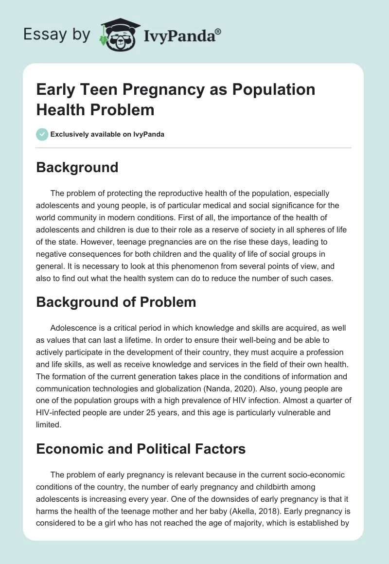 Early Teen Pregnancy as Population Health Problem. Page 1