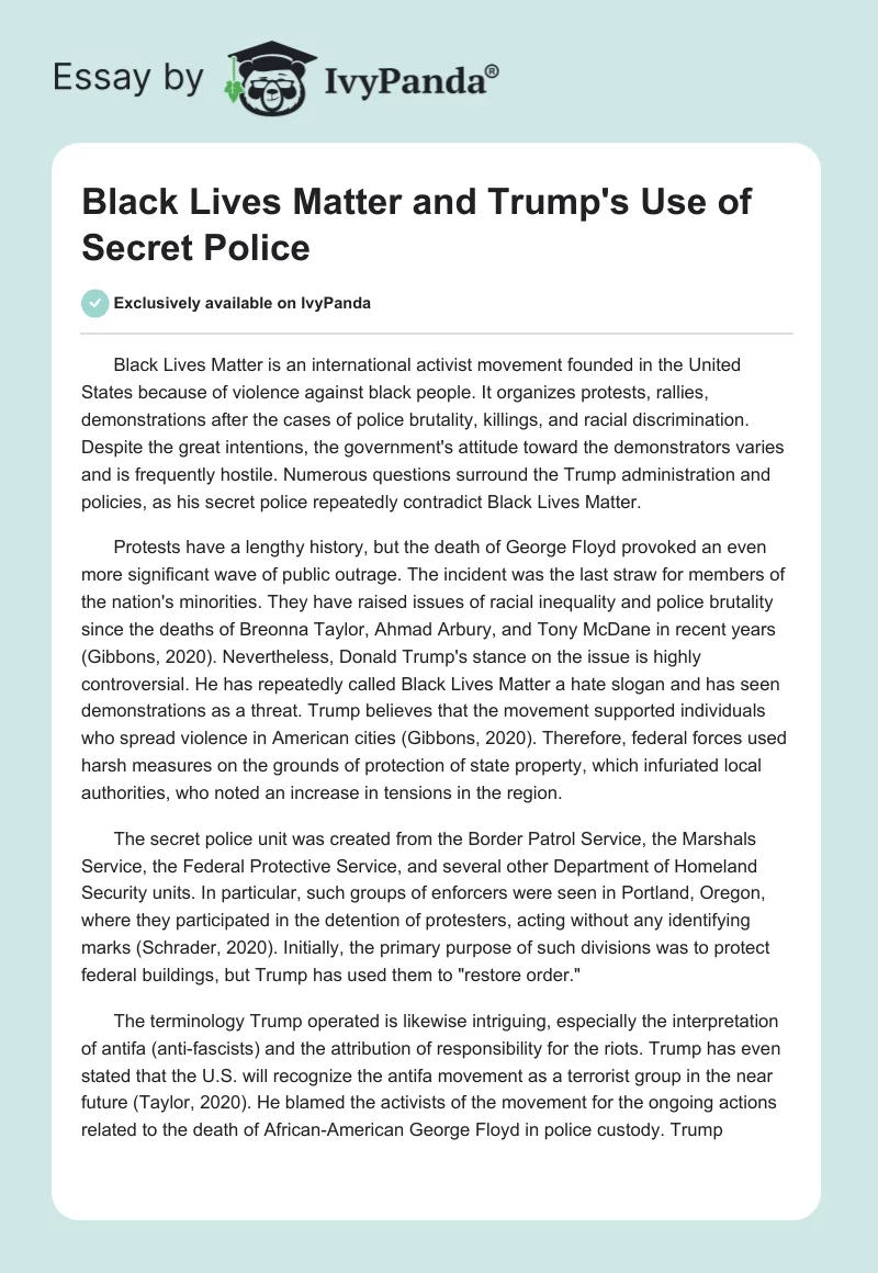 Black Lives Matter and Trump's Use of Secret Police. Page 1