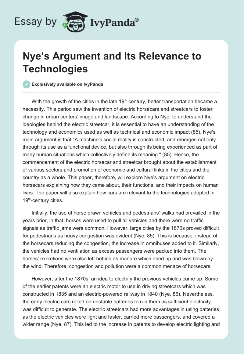Nye’s Argument and Its Relevance to Technologies. Page 1