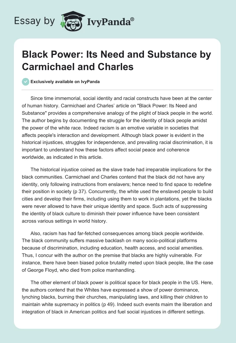 "Black Power: Its Need and Substance" by Carmichael and Charles. Page 1
