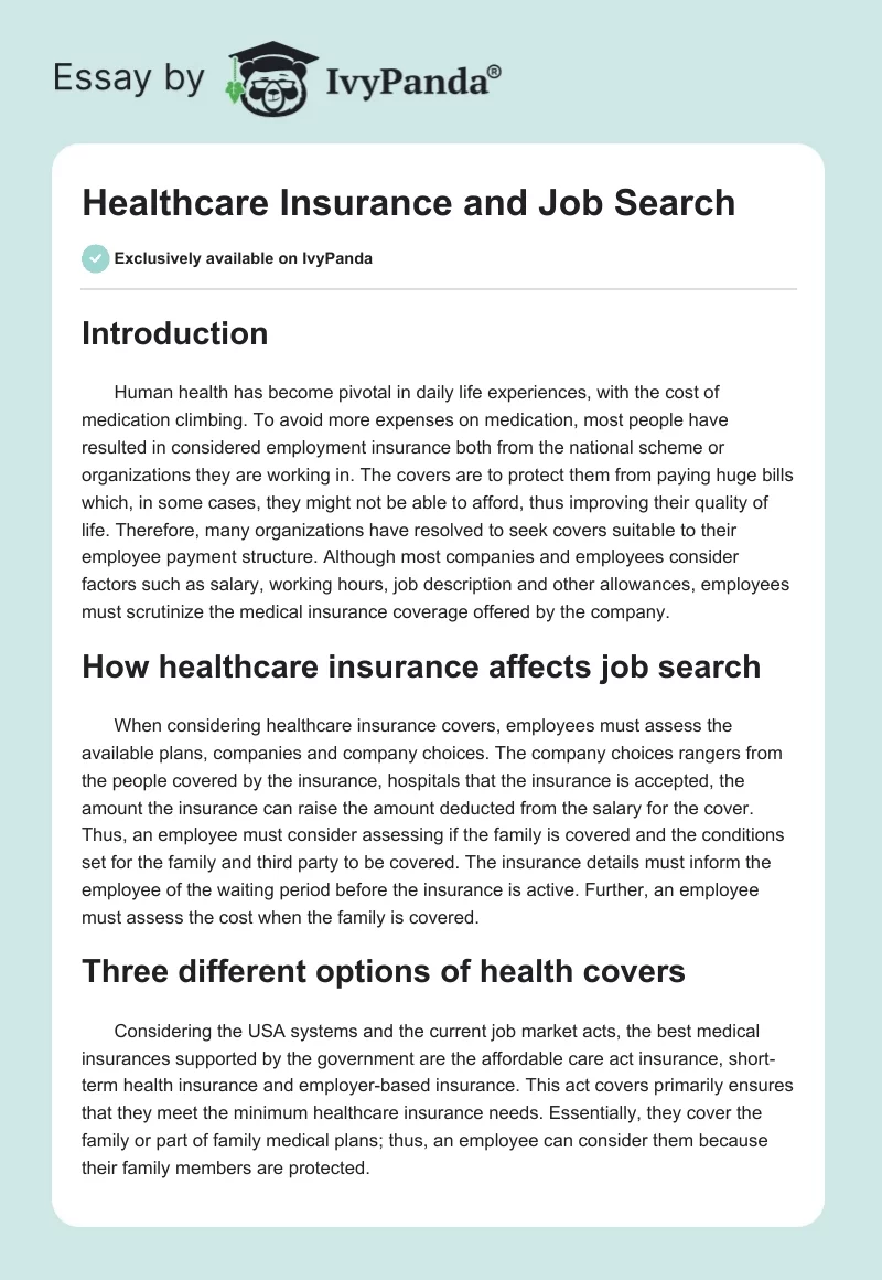 Healthcare Insurance and Job Search. Page 1
