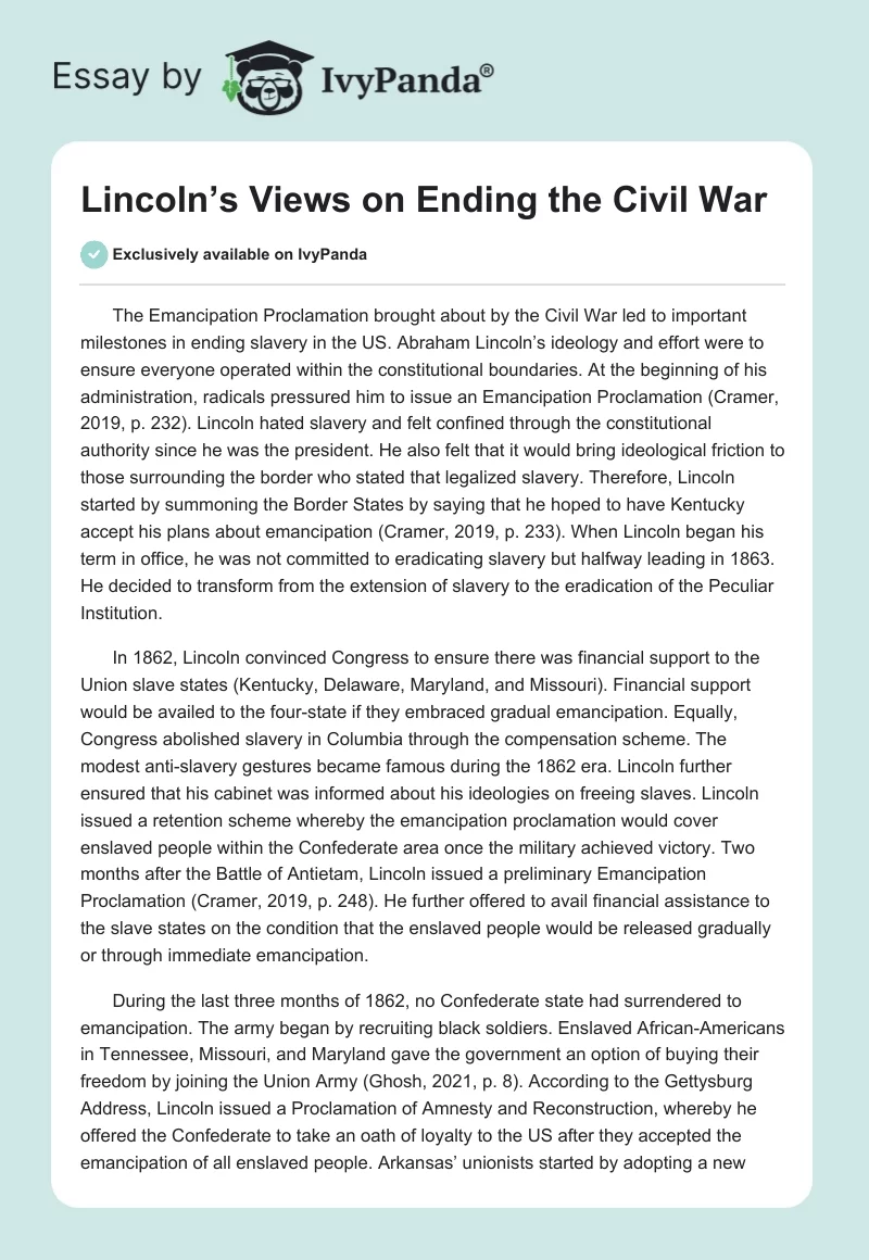 Lincoln’s Views on Ending the Civil War. Page 1