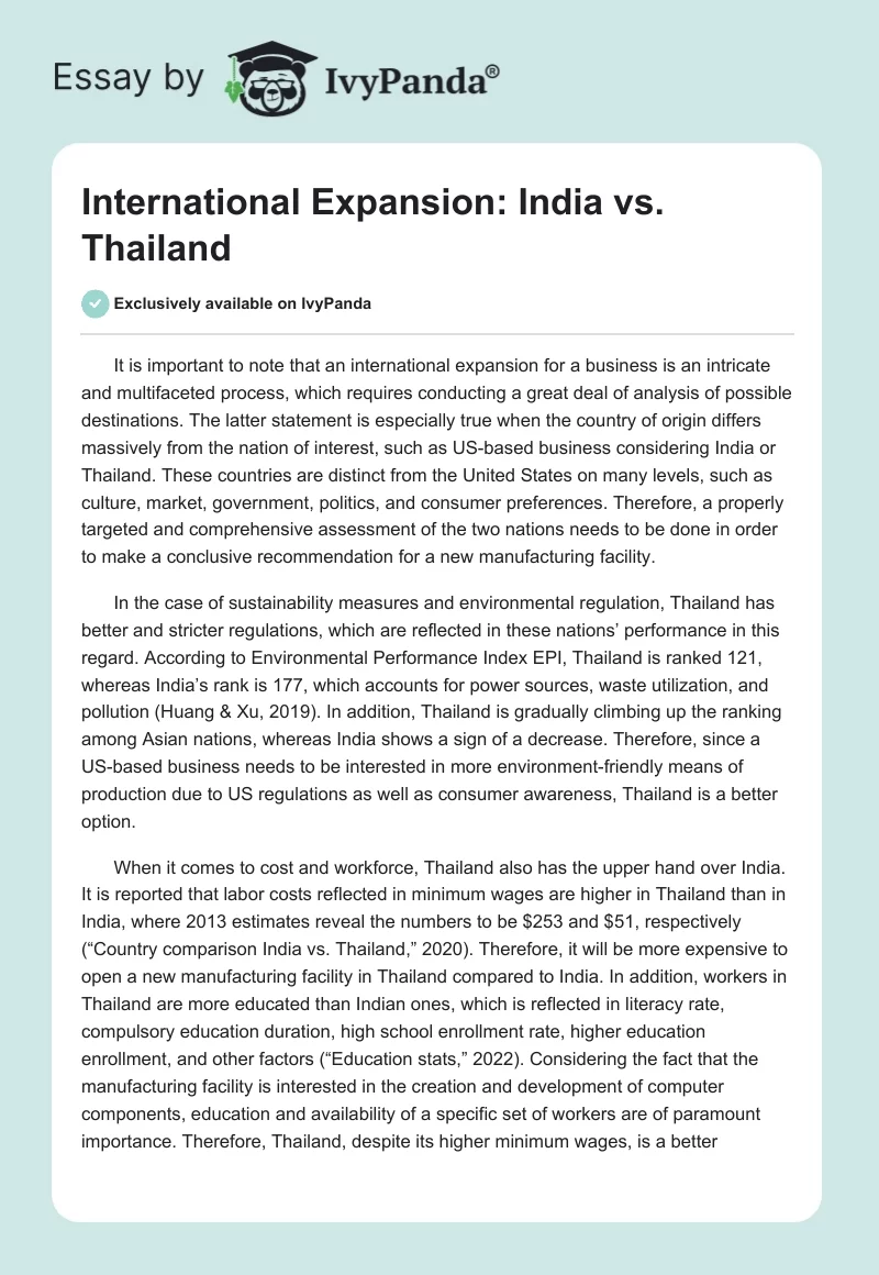 International Expansion: India vs. Thailand. Page 1