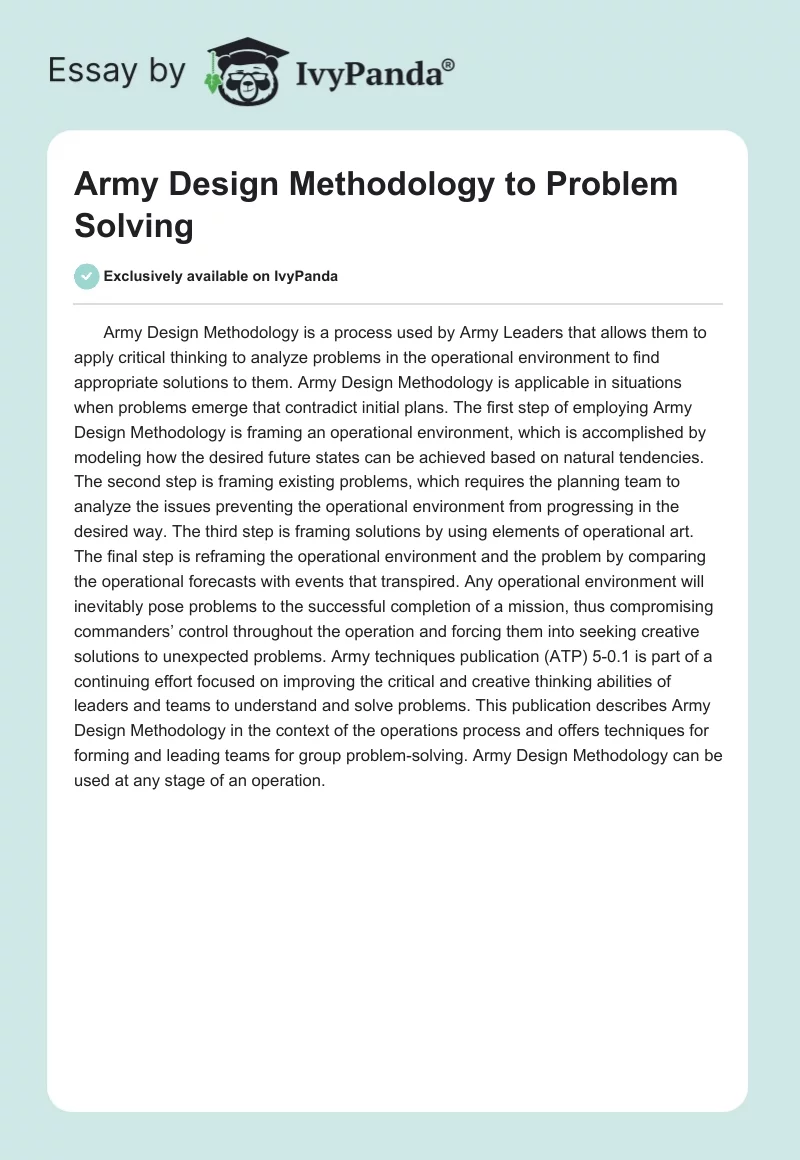 Army Design Methodology to Problem Solving. Page 1