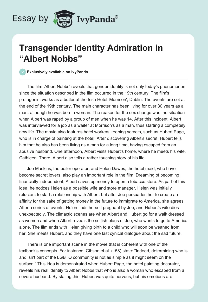Transgender Identity Admiration in “Albert Nobbs”. Page 1