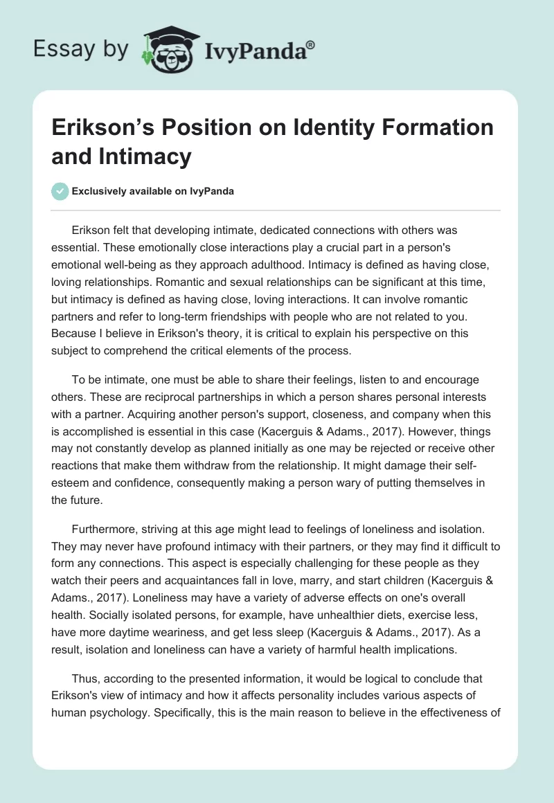 Erikson’s Position on Identity Formation and Intimacy. Page 1