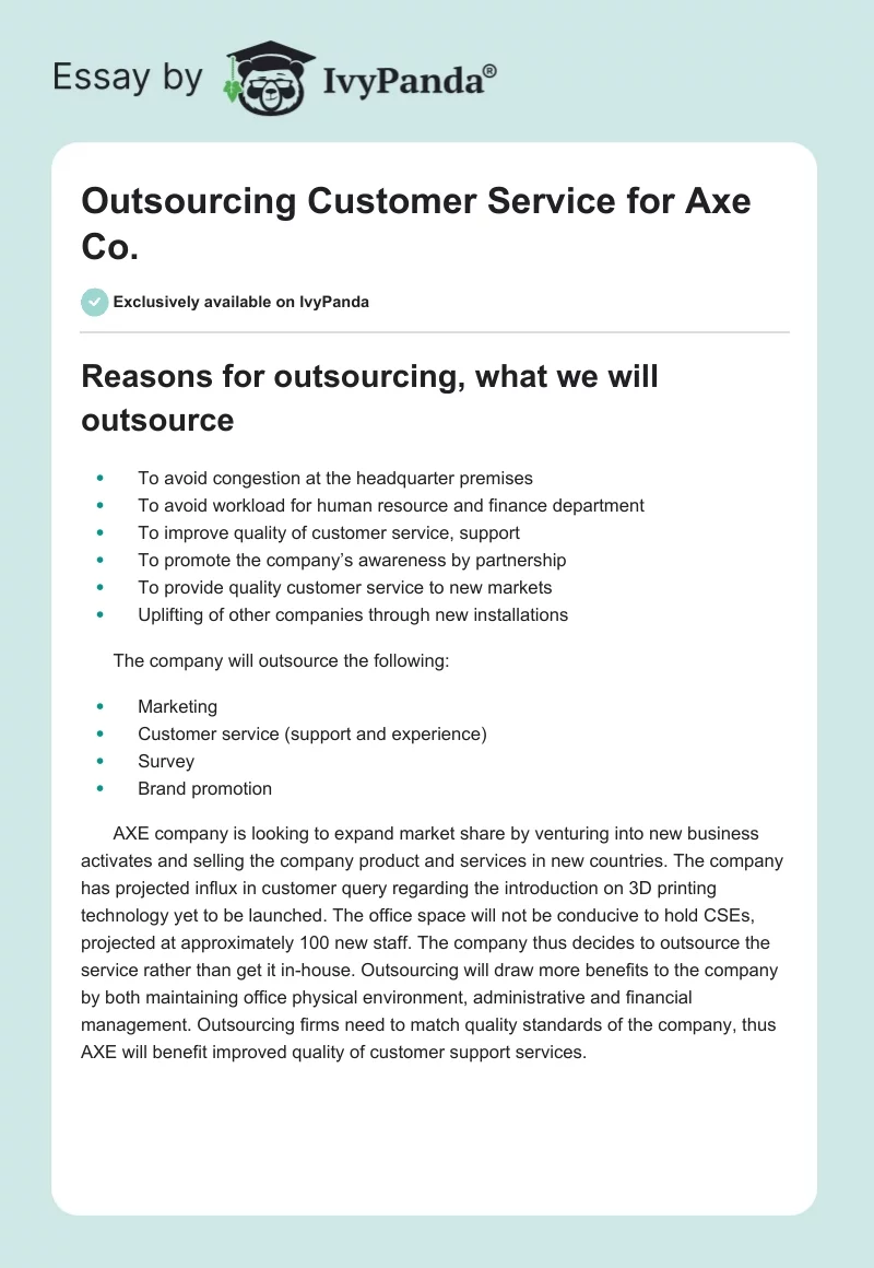 Outsourcing Customer Service for Axe Co.. Page 1