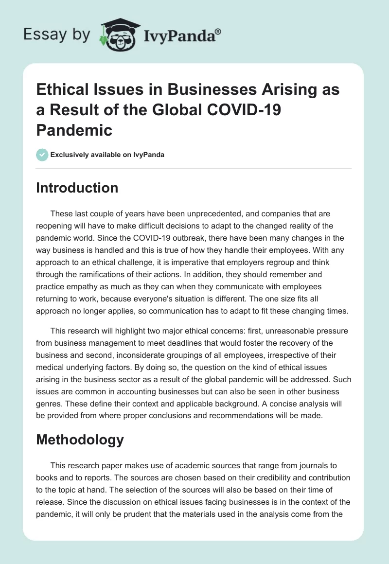 Ethical Issues in Businesses Arising as a Result of the Global COVID-19 Pandemic. Page 1
