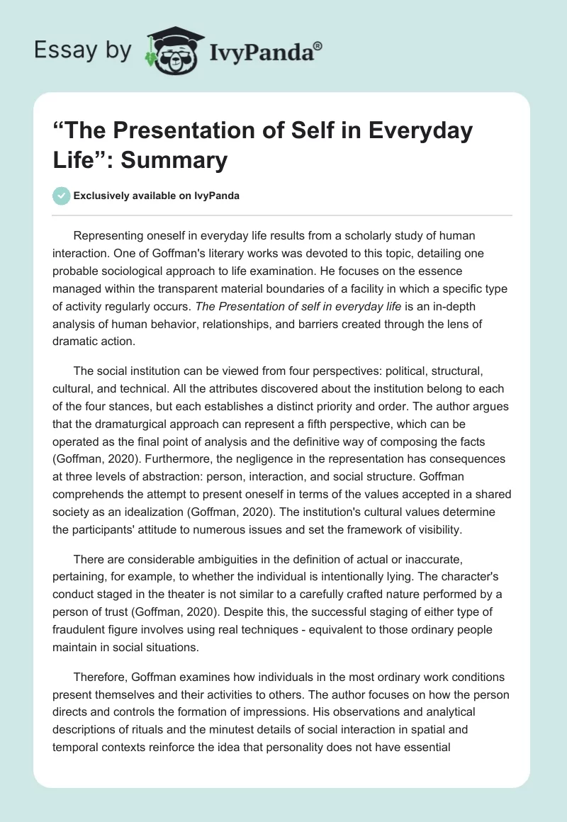 “The Presentation of Self in Everyday Life”: Summary. Page 1