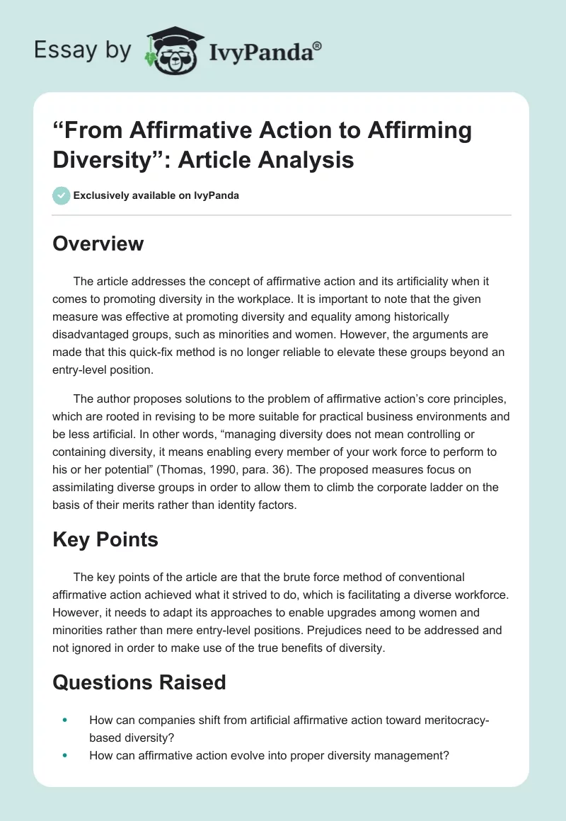 “From Affirmative Action to Affirming Diversity”: Article Analysis. Page 1