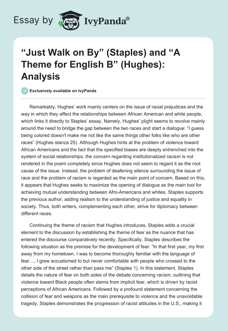 “Just Walk on By” (Staples) and “A Theme for English B” (Hughes): Analysis. Page 1