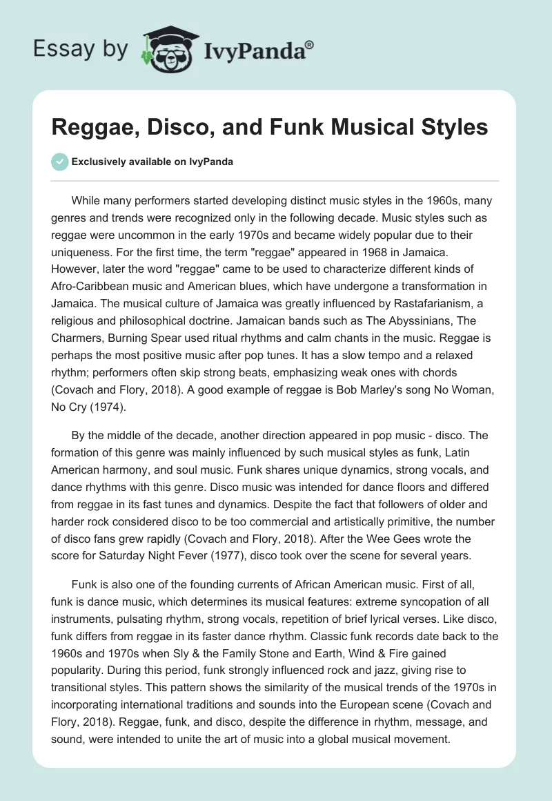 Reggae, Disco, and Funk Musical Styles. Page 1