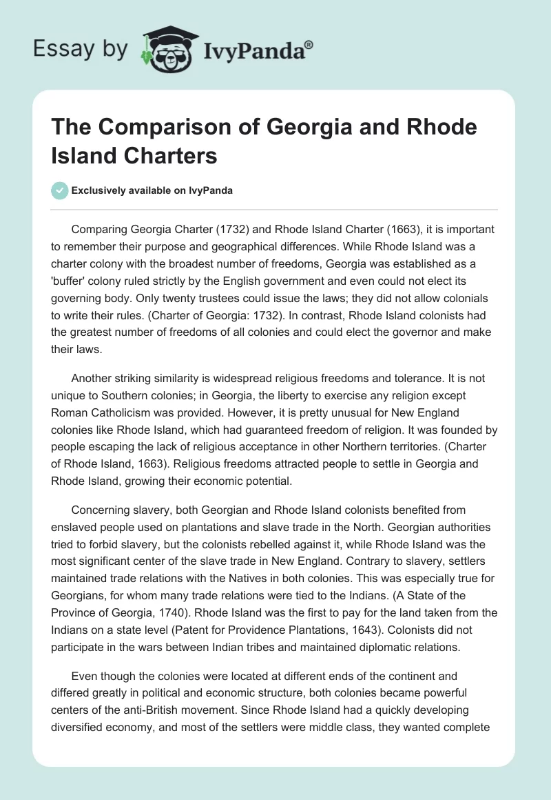 The Comparison of Georgia and Rhode Island Charters. Page 1
