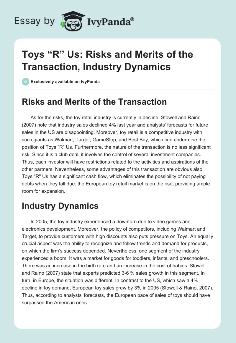 Toys “R” Us: Risks and Merits of the Transaction, Industry Dynamics. Page 1