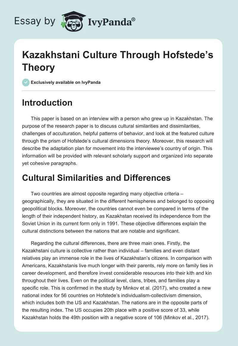 Kazakhstani Culture Through Hofstede’s Theory. Page 1