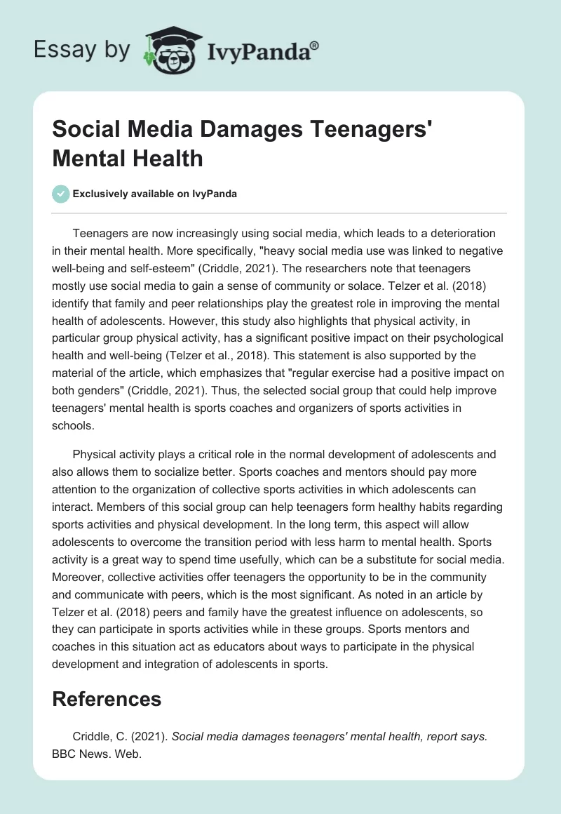 Social Media Damages Teenagers’ Mental Health. Page 1