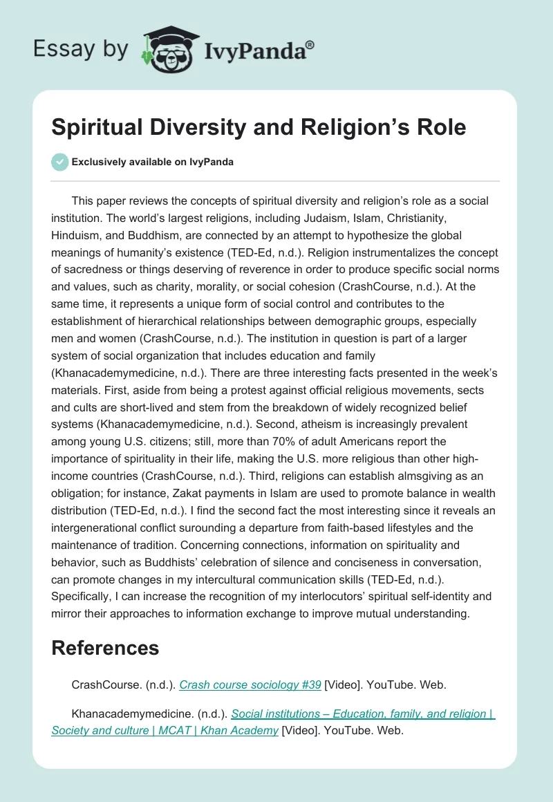 Spiritual Diversity and Religion’s Role. Page 1