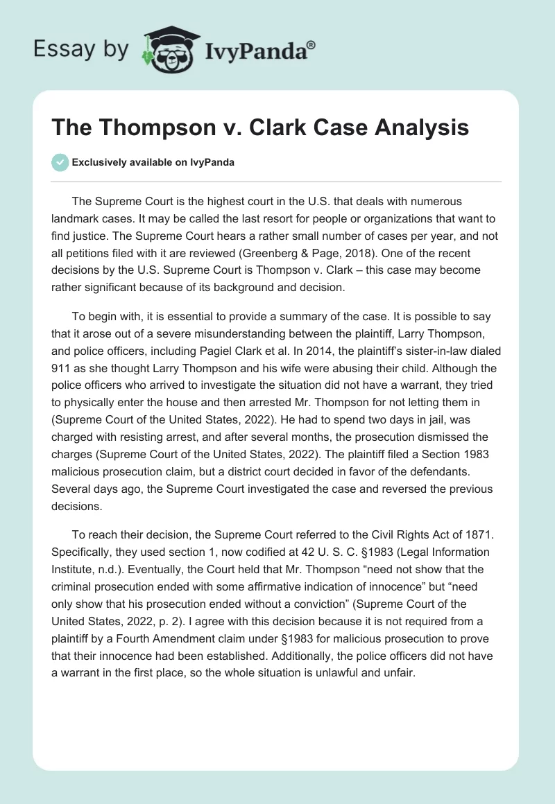 The Thompson v. Clark Case Analysis. Page 1