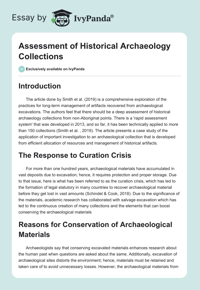 Assessment of Historical Archaeology Collections. Page 1