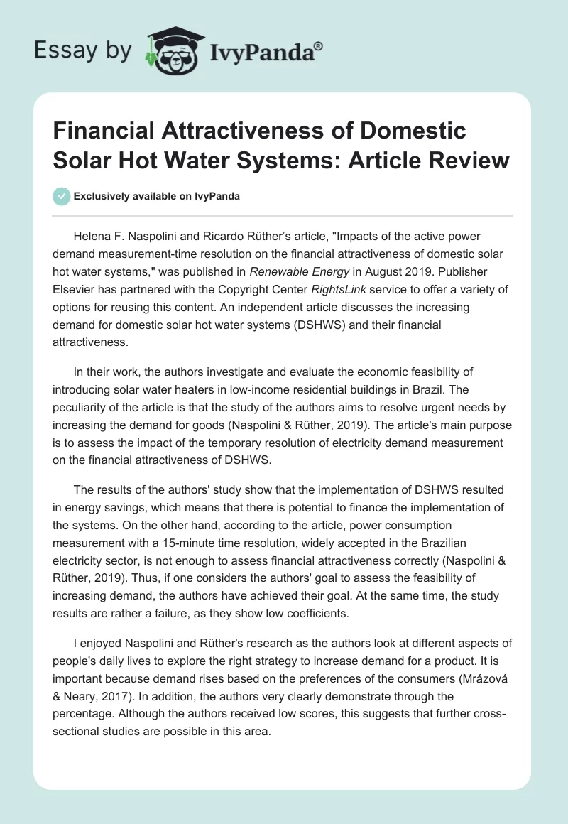 Financial Attractiveness of Domestic Solar Hot Water Systems: Article Review. Page 1