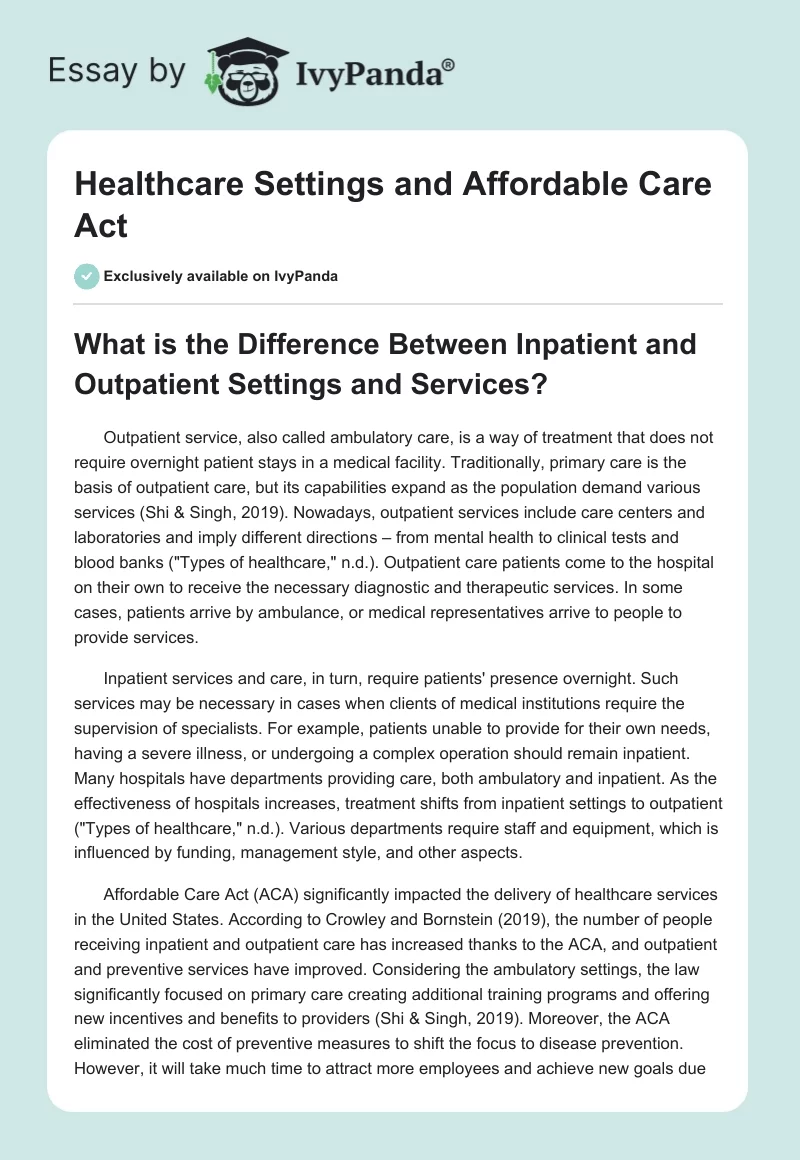 Healthcare Settings and Affordable Care Act. Page 1