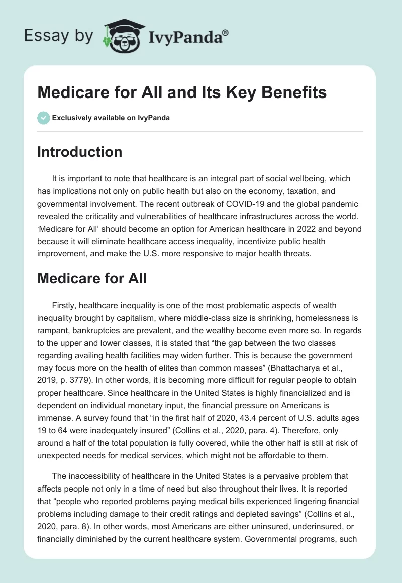 "Medicare for All" and Its Key Benefits. Page 1