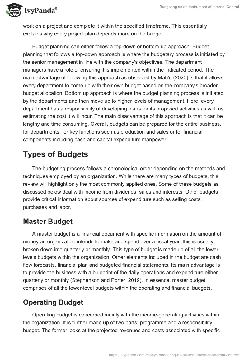 Budgeting as an Instrument of Internal Control. Page 5